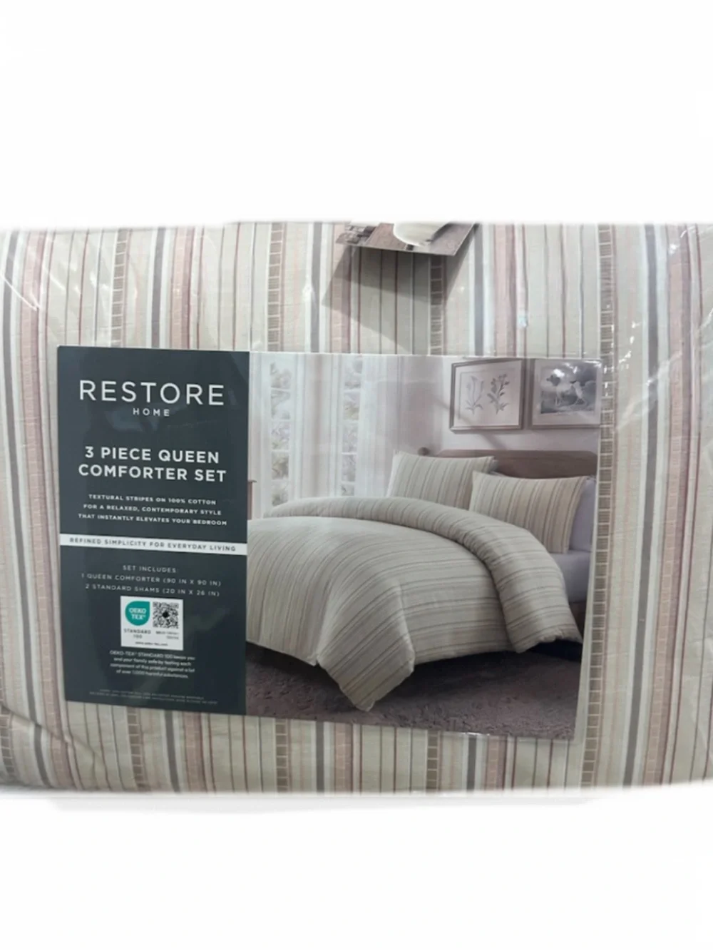 Restore Home Striped Tan and MulticolorQueen Comforter Set 90”x90”